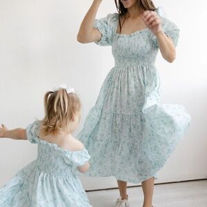 Blue Hydrangea Midi Puff Sleeve Dress